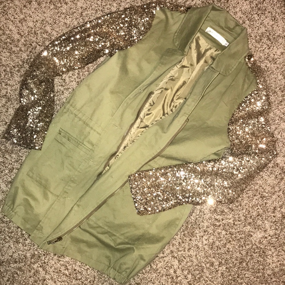 Olive Green Jacket with Gold Sequin Sleeves